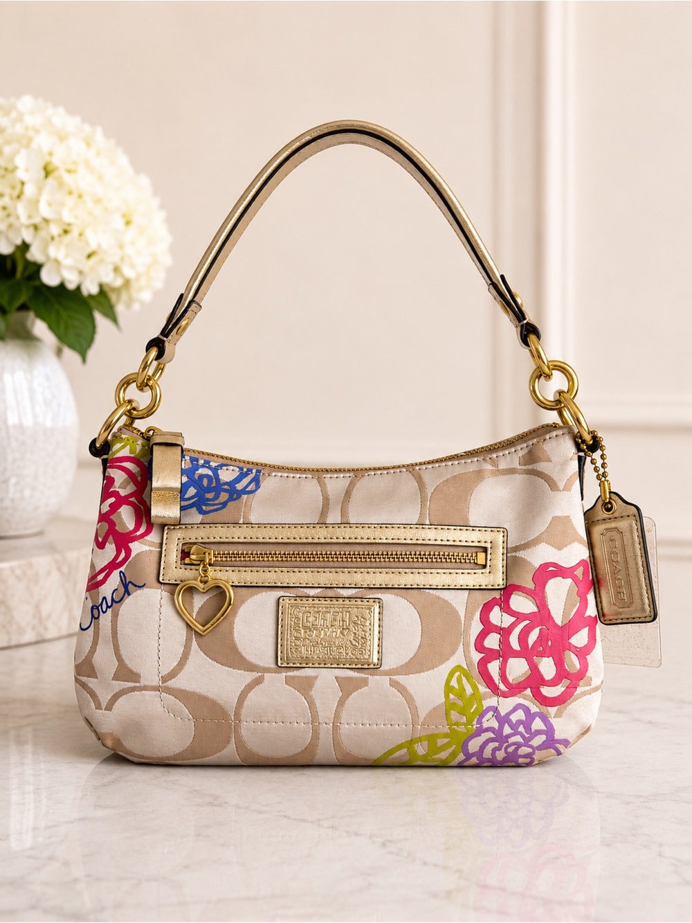 Coach Beige Signature Shoulder Bag with Pink Purple Green Floral Accents